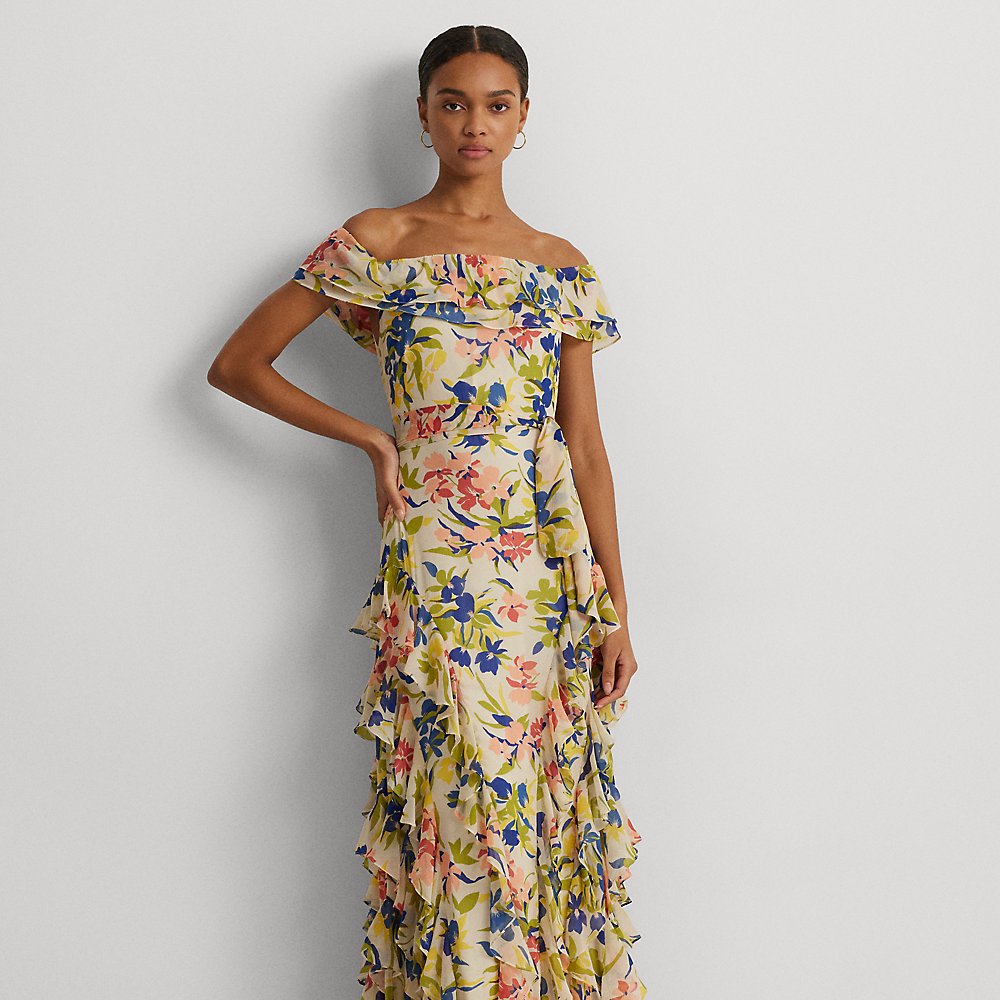 Shop Lauren Ralph Lauren Floral Georgette Off-the-shoulder Gown In Cream/blue Multi