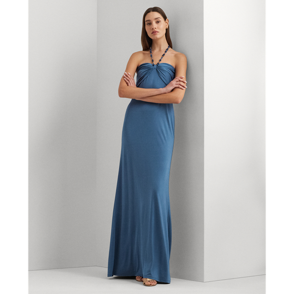 Shop Lauren Ralph Lauren Bead-trim Jersey Halter Gown In Indigo Dusk