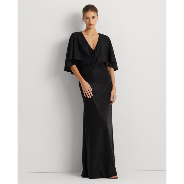 Shop Lauren Ralph Lauren Metallic Knit Twist-front Cape Gown In Black