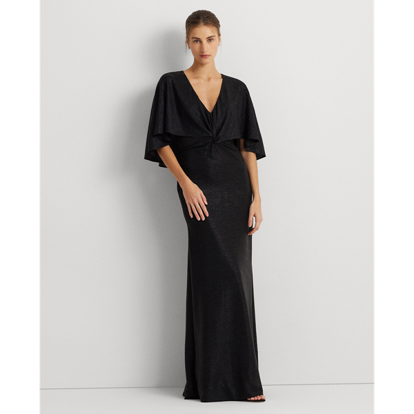 Ralph Lauren Metallic Knit Twist-front Cape Gown In Black