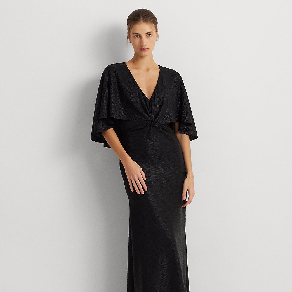 Shop Lauren Ralph Lauren Metallic Knit Twist-front Cape Gown In Black