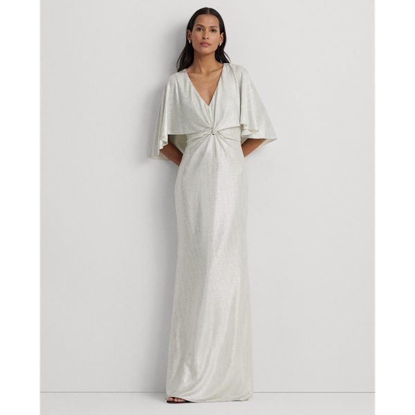 Shop Lauren Ralph Lauren Metallic Knit Twist-front Cape Gown In Mascarpone Cream