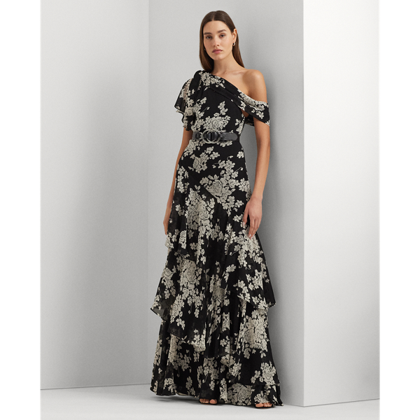 Shop Lauren Ralph Lauren Floral Georgette One-shoulder Gown In Black/cream