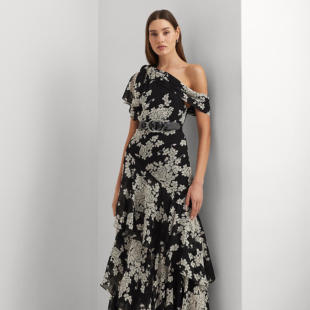 Shop Lauren Ralph Lauren Floral Georgette One-shoulder Gown In Black/cream