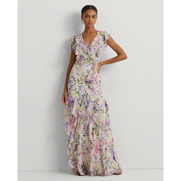 Shop Lauren Ralph Lauren Floral Ruffle-trim Georgette Gown In Cream Multi