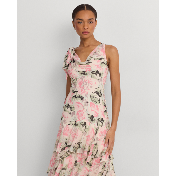 Shop Lauren Ralph Lauren Floral Crinkle Georgette Tiered Gown In Cream /pink / Multi