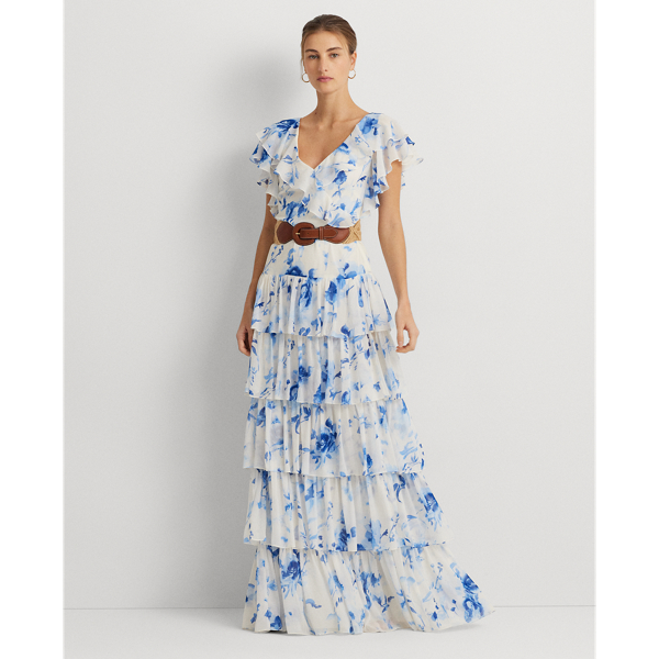 Shop Lauren Ralph Lauren Floral Belted Georgette Tiered Gown In White/blue