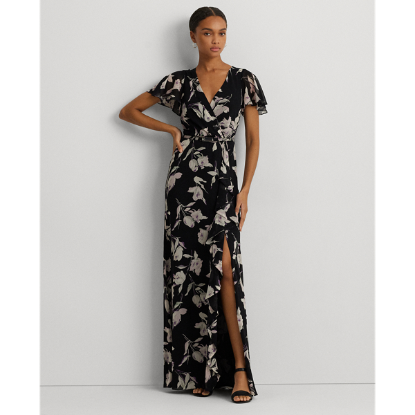 Ralph Lauren Floral Belted Flutter-sleeve Gown In Black Multi