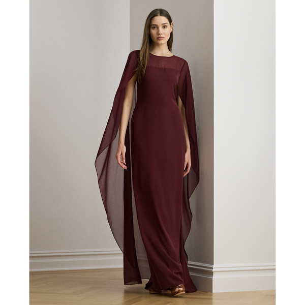 Ralph Lauren Cape Georgette Gown In Burgundy