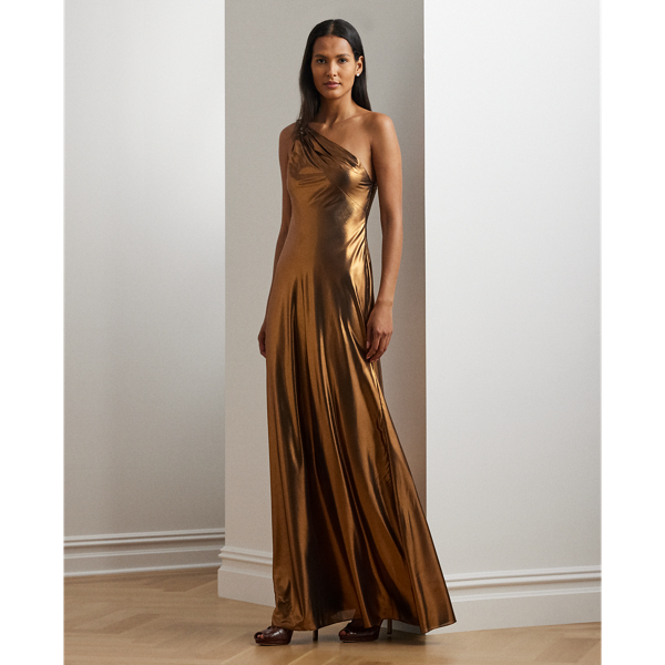 Ralph Lauren Women's One-shoulder Metallic Chiffon Gown In Copper Foil On Black
