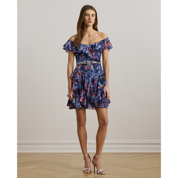 Ralph Lauren Print Off-the-shoulder Cocktail Dress In Blue