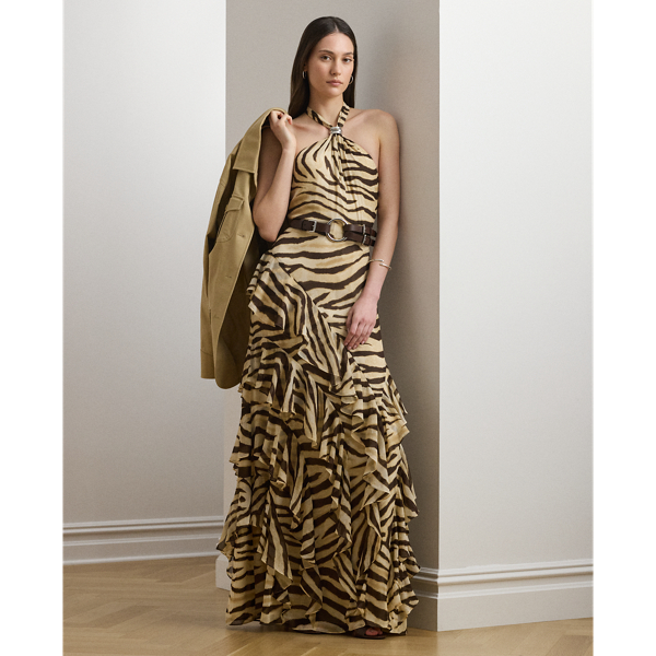 Ralph Lauren Zebra-print Ruffle-trim Georgette Gown