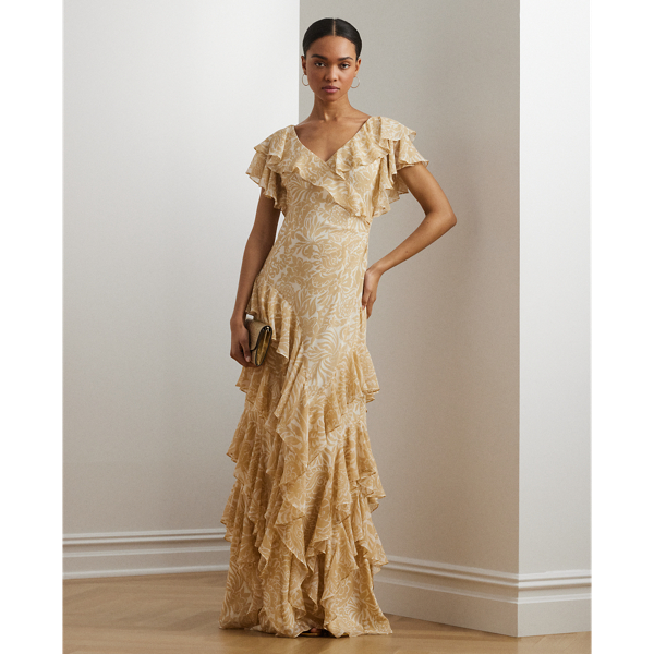 Shop Ralph Lauren Floral Ruffle-trim Georgette Gown In Cream/tan