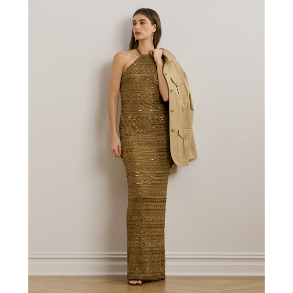 Ralph Lauren Beaded Mesh Halter Gown In Brown