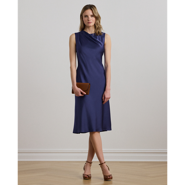 Ralph Lauren Pleated Satin Charmeuse Cocktail Dress In Blue