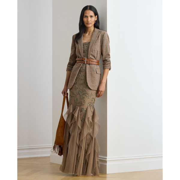 Ralph Lauren Ruffle-trim Paisley-beaded Tulle Gown In Brown