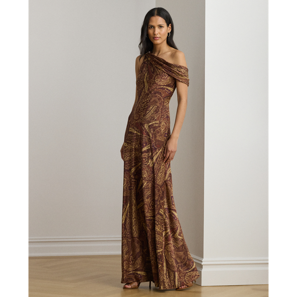 Print Buckle-Trim Off-the-Shoulder Gown