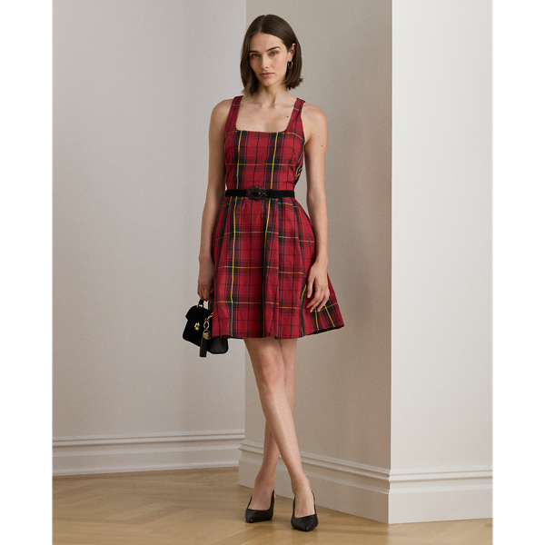 Ralph Lauren Plaid Belted Taffeta Cocktail Dress In Red