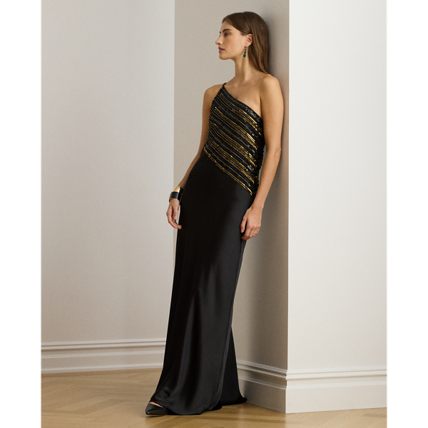 Ralph Lauren Beaded Mesh & Satin One-shoulder Gown In Multi