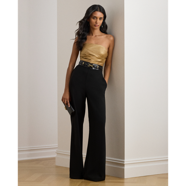 Ralph Lauren Bow-back Metallic Twill & Crepe Jumpsuit In Gold