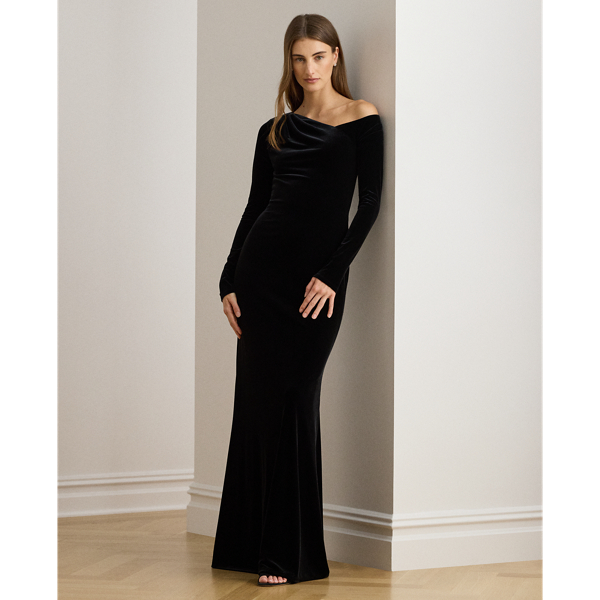 Ralph Lauren Velvet Asymmetrical Gown In Black