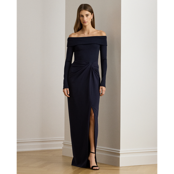 Rib-Knit & Crepe Off-the-Shoulder Gown