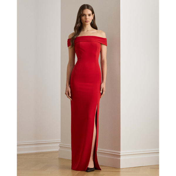 Ralph Lauren Crepe Off-the-shoulder Gown In Red