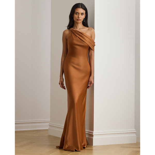 Ralph Lauren Buckle-trim Satin Off-the-shoulder Gown In Brown