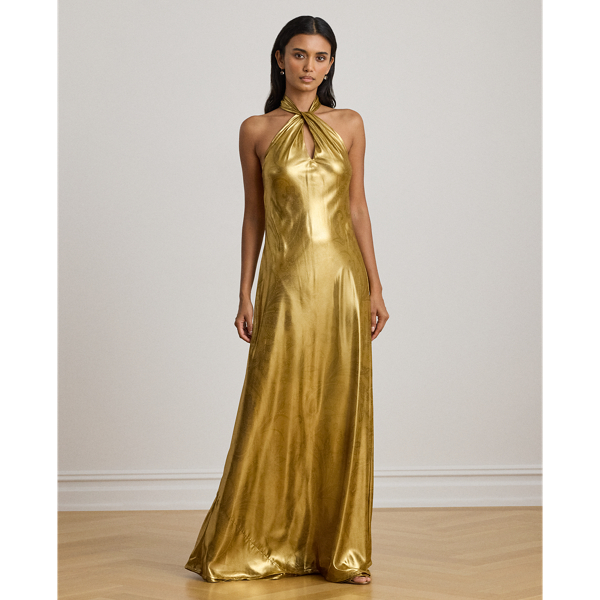 Ralph Lauren Paisley Metallic Georgette Halter Gown In Gold