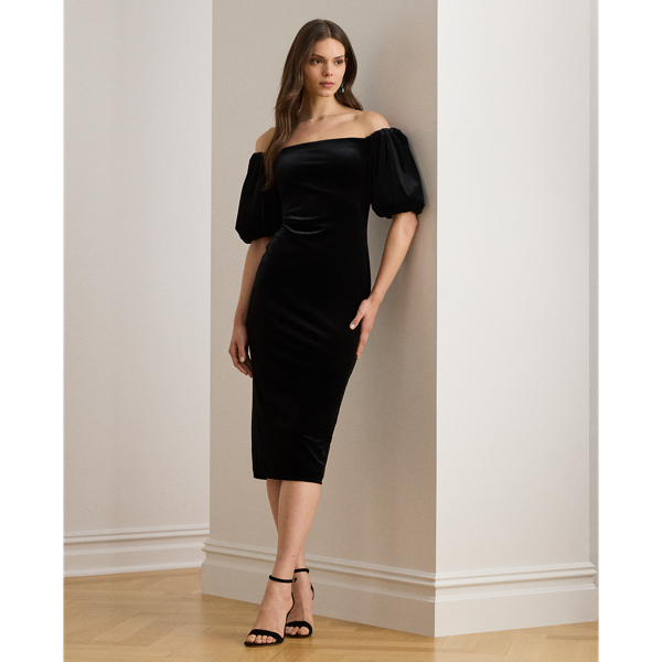 Ralph Lauren Velvet Bubble-sleeve Cocktail Dress In Black
