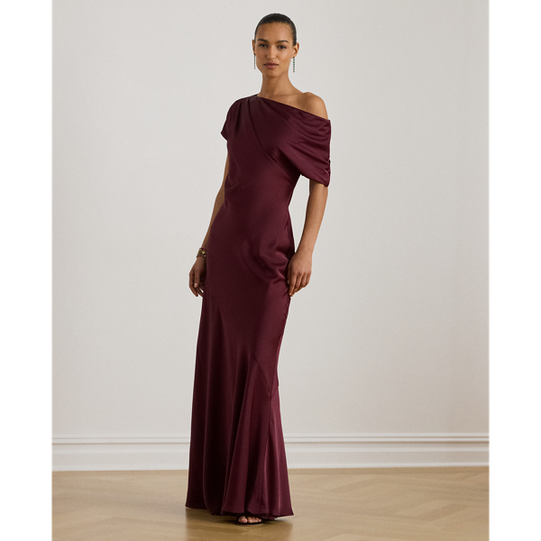Ralph Lauren Satin Charmeuse Off-the-shoulder Gown In Burgundy