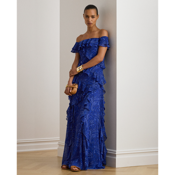 Ralph Lauren Print Ruffle-trim Off-the-shoulder Gown In Blue