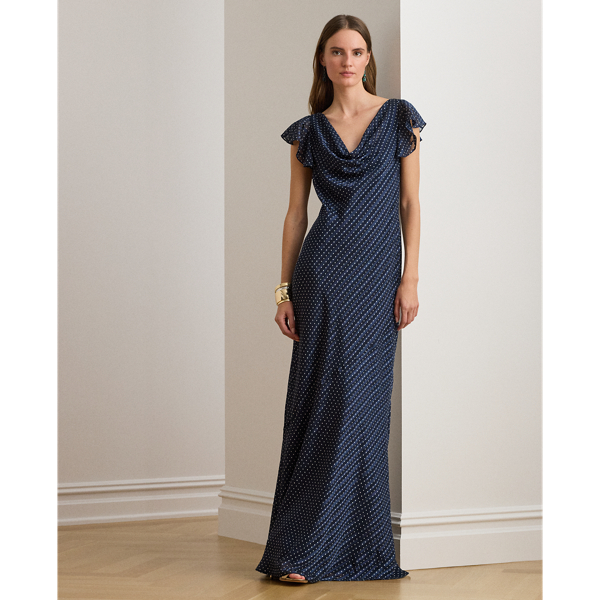 Ralph Lauren Polka-dot Burn-out Satin Cowlneck Gown In Multi