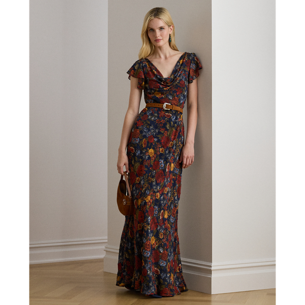 Ralph Lauren Floral Clipped Jacquard Cowlneck Gown In Multi
