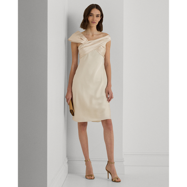 Lauren Petite Satin Off-the-shoulder Cocktail Dress In Mascarpone Cream