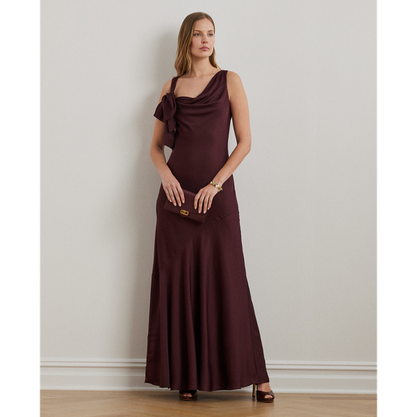 Lauren Petite Bow-trim Charmeuse Cowlneck Gown In Pinot Noir