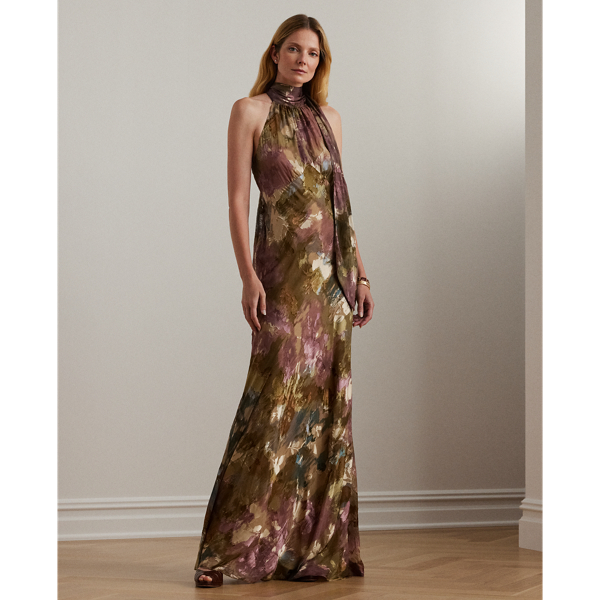 Lauren Petite Floral Burnout Satin Halter Gown In Tan Multi
