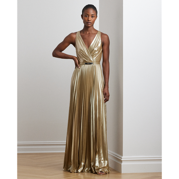 Shop Lauren Petite Belted Metallic Chiffon Surplice Gown In Tan/light Gold Foil