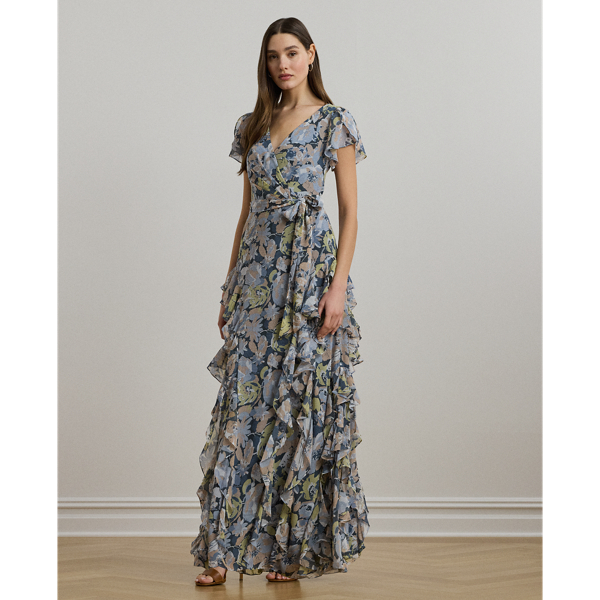 Lauren Petite Floral Ruffle-trim Georgette Gown In Blue Multi