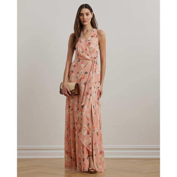 Lauren Petite Floral Ruffle-trim Georgette Gown In Pink Multi
