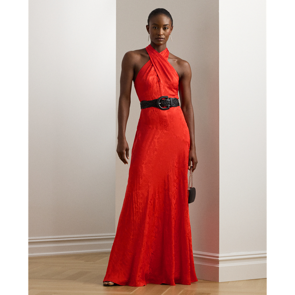 Shop Lauren Petite Ralph Lauren Belted Floral Jacquard Halter Gown
