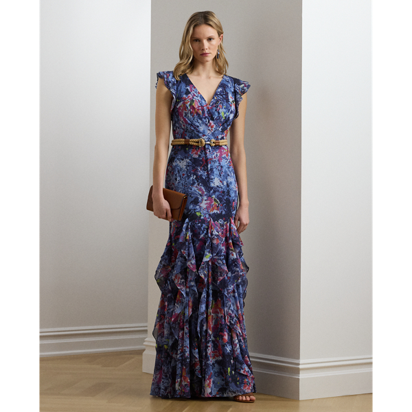 Lauren Petite Ralph Lauren Print Ruffle-trim Crinkle Georgette Gown