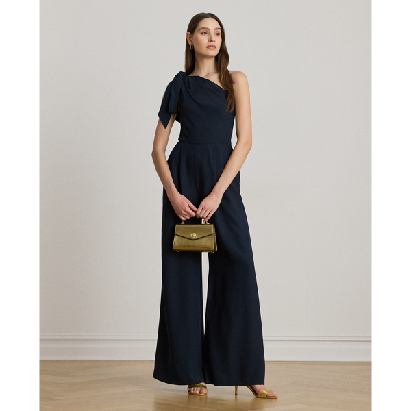 Lauren Petite Ralph Lauren Bow-trim Crepe One-shoulder Jumpsuit In Blue