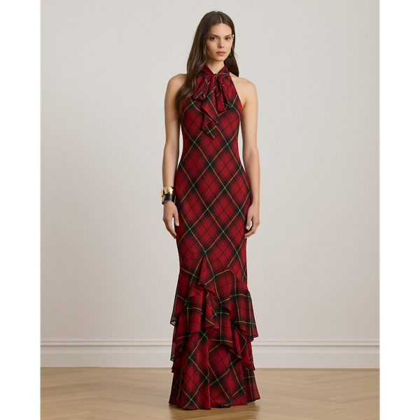 Lauren Petite Ralph Lauren Plaid Georgette Tiered Tie-neck Gown In Multi