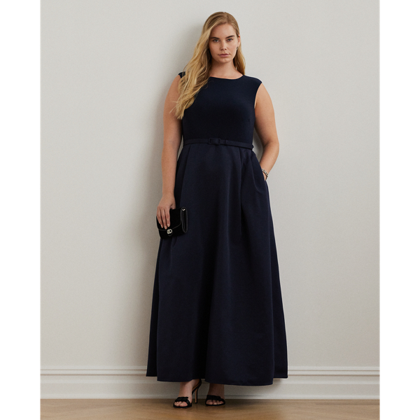 Lauren Woman Belted Faille & Jersey Gown In Lauren Navy