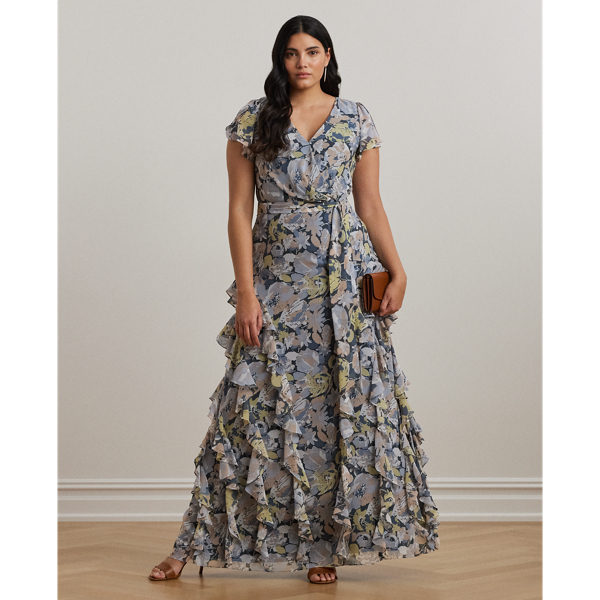 Ralph Lauren Floral Ruffle-trim Georgette Gown In Blue Multi