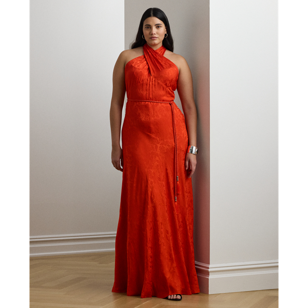 Lauren Woman Ralph Lauren Belted Floral Jacquard Halter Gown
