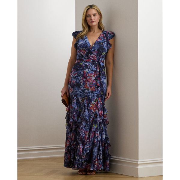 Lauren Woman Ralph Lauren Print Ruffle-trim Crinkle Georgette Gown