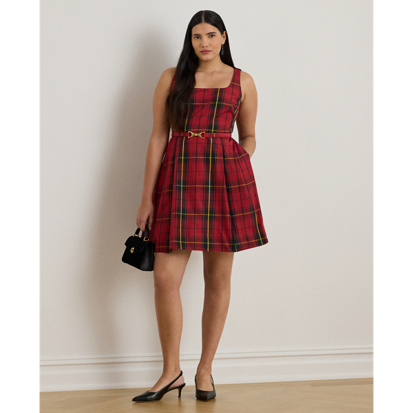 Lauren Woman Ralph Lauren Plaid Belted Taffeta Cocktail Dress In Red