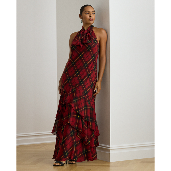 Lauren Woman Ralph Lauren Plaid Georgette Tiered Tie-neck Gown In Multi